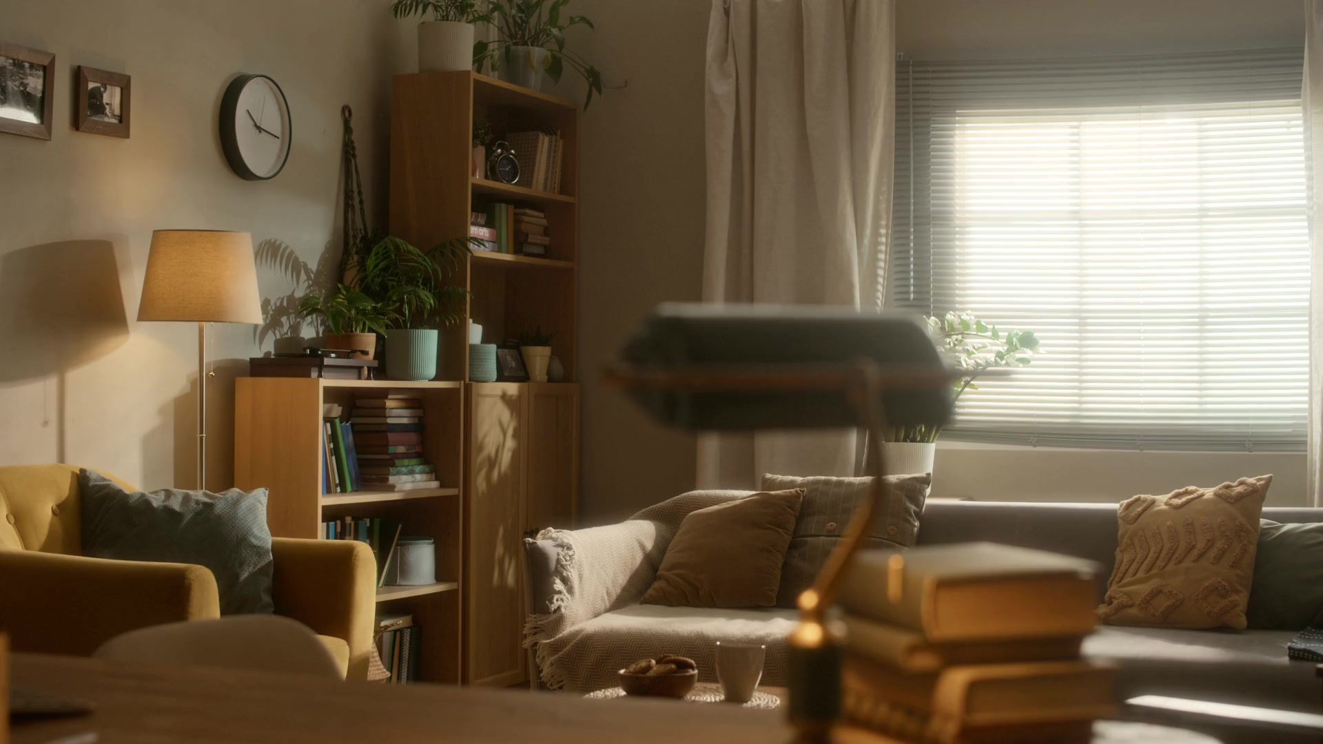 A sunlit living room in soft golden light — the opening frame of the Lumeria banner